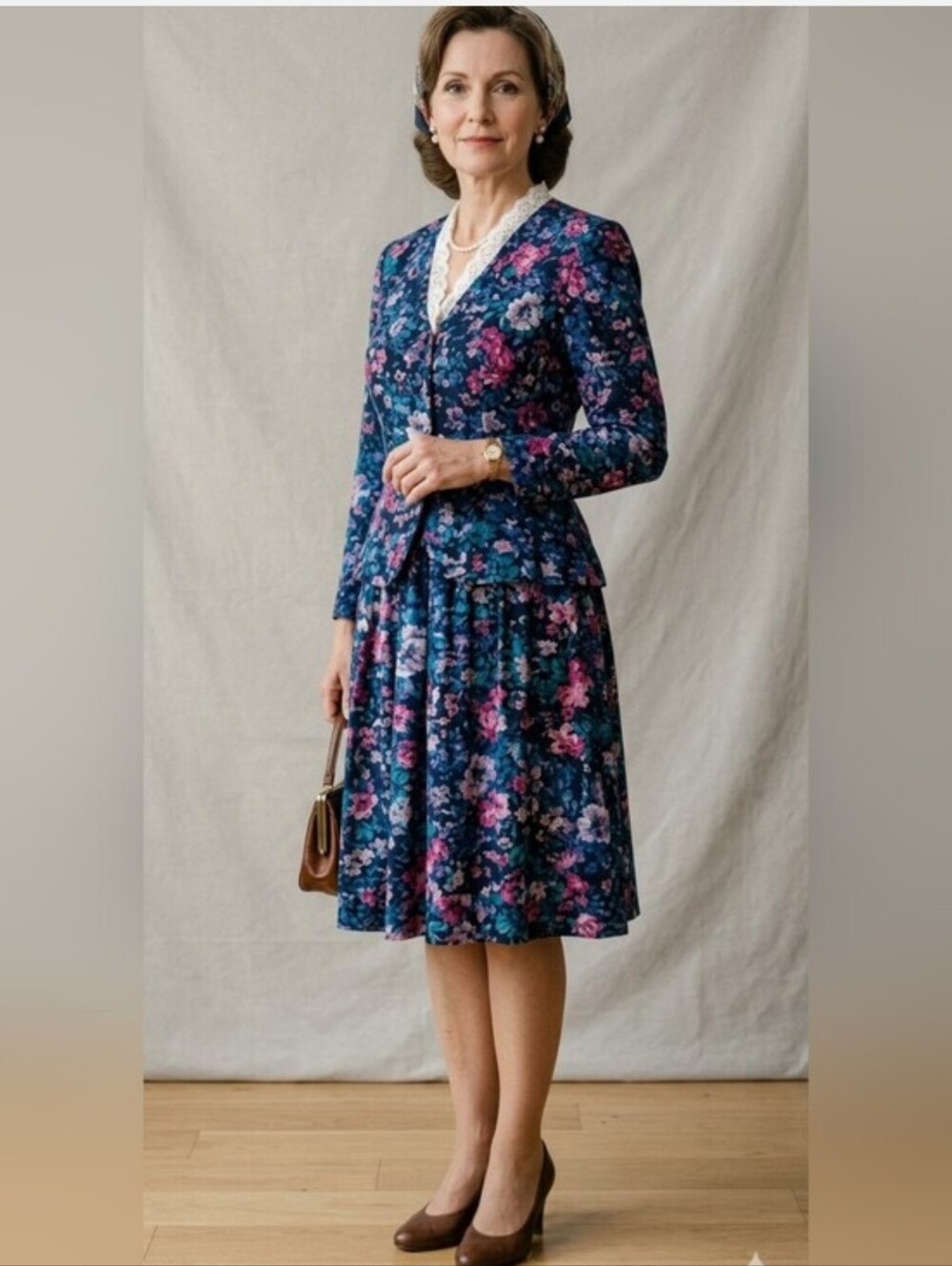 1/15Vintage Floral Matching Set Blue Pink Lace Trim Blouse & Skirt Size L